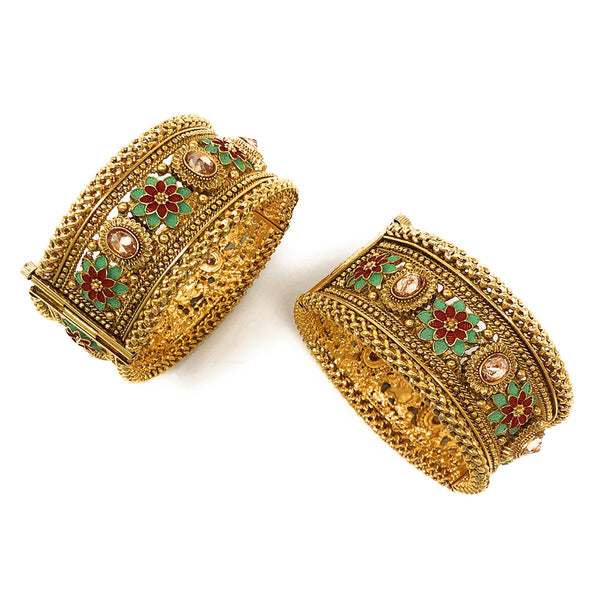 Indian Pakistani Bridal Party Ethnic Gold Plated Openable Kada Bangle Bracelet Set for Women in Kundan Polki Red Green Enamel Duel On Jewel