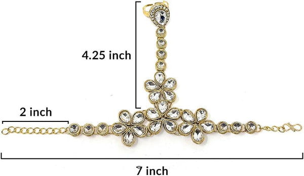 Close-up of the secure S-hook clasp on a gold-plated ethnic hand ornament for women.
