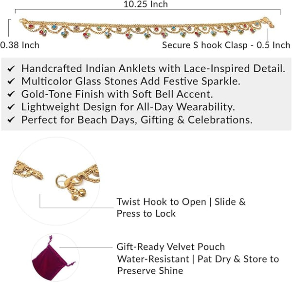 Close-up of the easy-to-use S-hook fastening on a gold-tone Indian jhanjar anklet for women.
