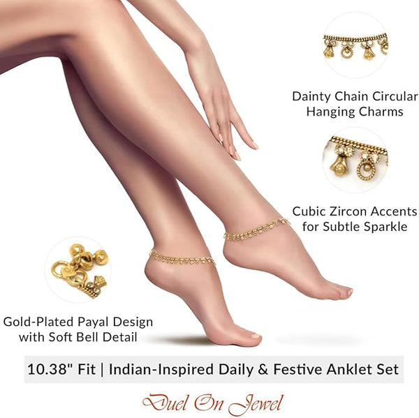 Model wearing traditional gold-tone payal anklets styled for a beach outing or summer party.
