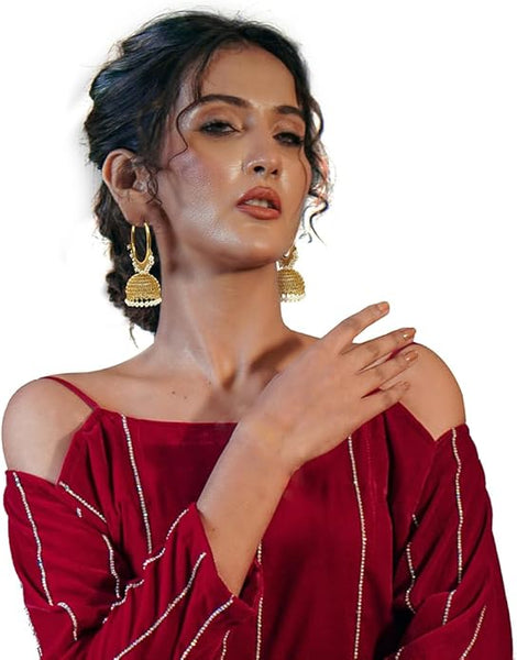 Versatile antique-gold hoop dangles for women; suitable for both ethnic and modern western outfits.
