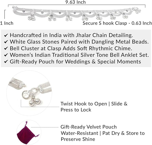 Close-up of the easy-to-use S-hook fastening on a traditional silver-tone jhanjar anklet for women.
