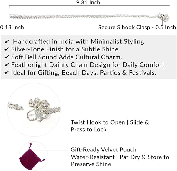 Close-up of the easy-to-use S-hook fastening on a silver-tone jingle bell anklet for women.
