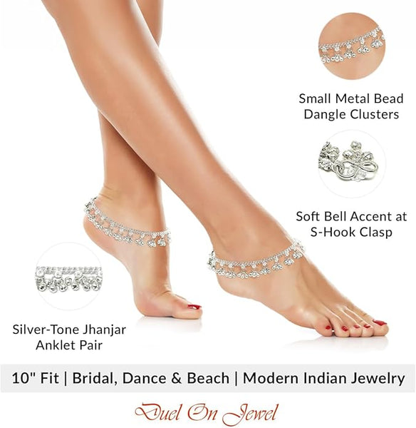 Handcrafted South Asian foot jewelry with intricate bead clusters and melodic bell charms near the clasp.
