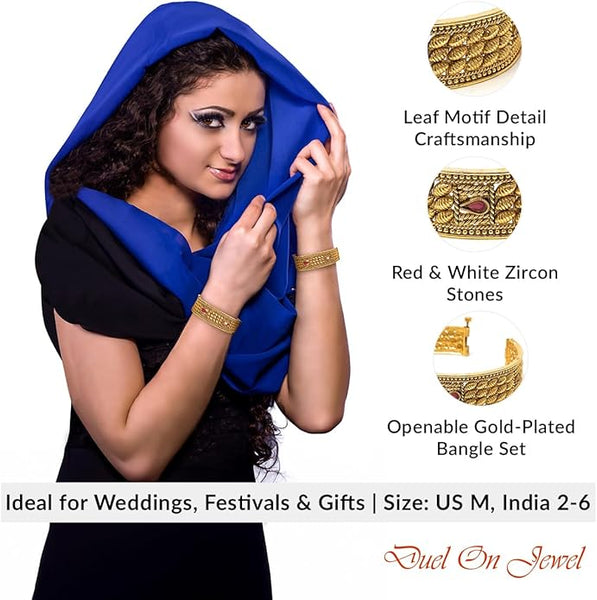 Model in a pink top showcasing traditional gold-tone openable bangles with ethnic stone work.