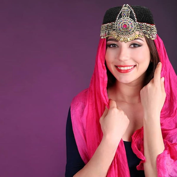 Side view showing hanging bead chains and antique gold-finish details on a Kayi warrior headpiece.
