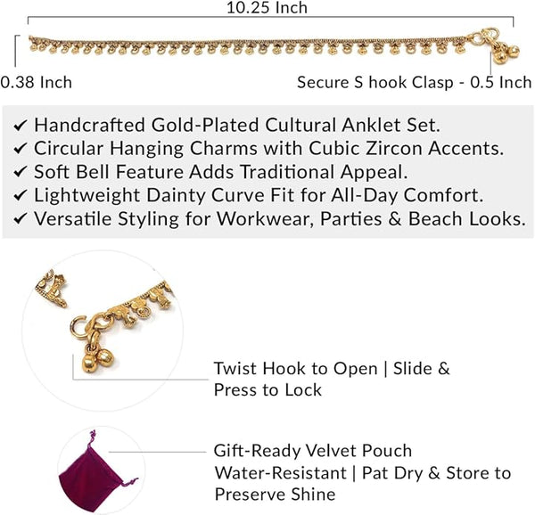 10.38-inch Indian foot jewelry with 5K gold plating and shimmering cubic zircon accents.
