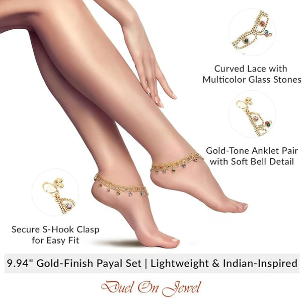 Handcrafted South Asian foot jewelry with 5K gold plating and vibrant glass stone embellishments.
