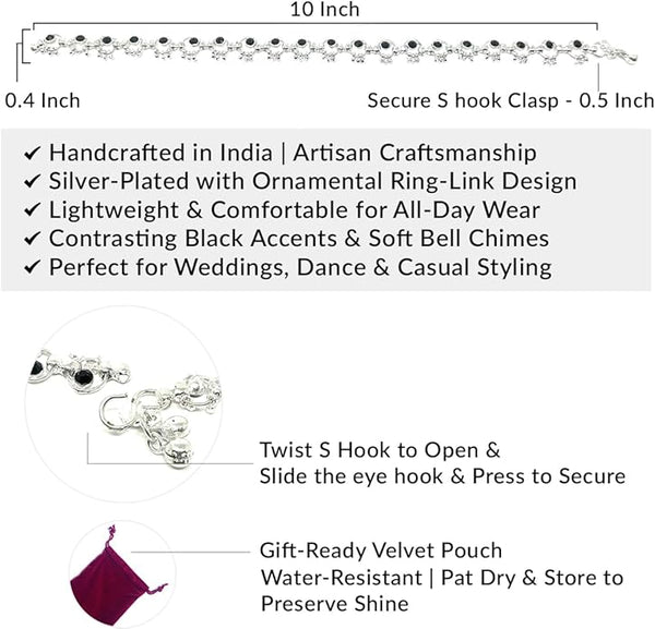 Traditional silver-tone Indian "Paizeb" ankle chains styled for a wedding party or casual summer beach look.
