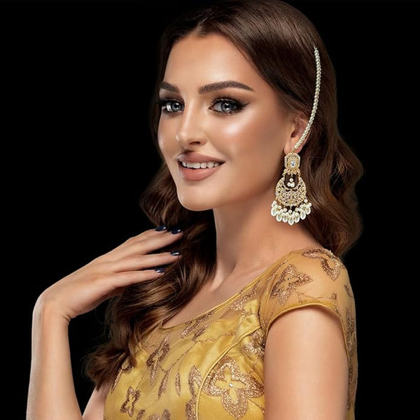 Elegant gold dangle earrings with a removable 4.5-inch pearl hair chain for versatile styling.