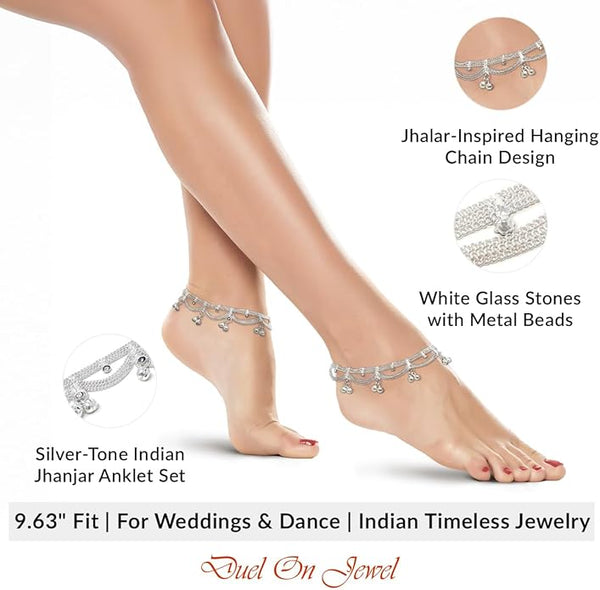 Handcrafted South Asian foot jewelry with a 1-inch wide draped jhalar motif and shimmering accents.
