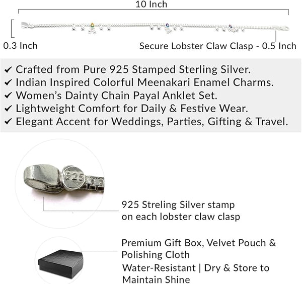 Gift-ready enamel anklets presented in a premium black box with a velvet pouch and polishing cloth.

