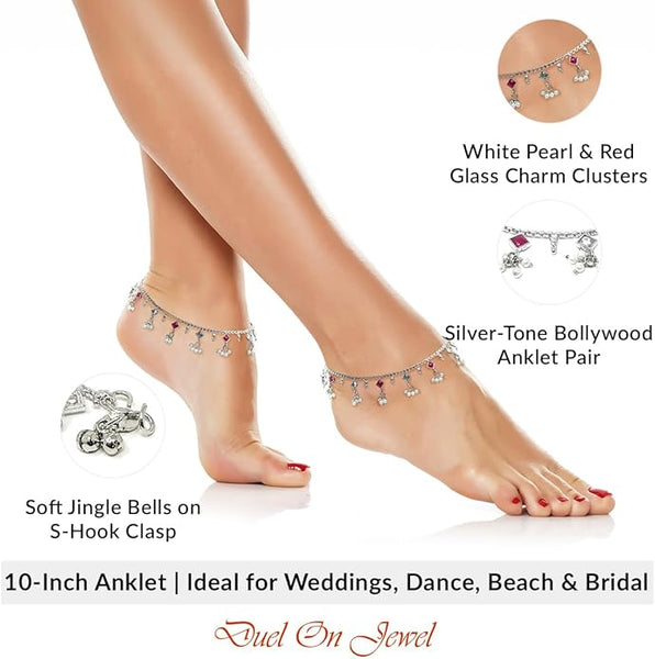 Model wearing ethnic Bollywood style anklets in yoga pose; silver-tone chain with jhanjar charms.
