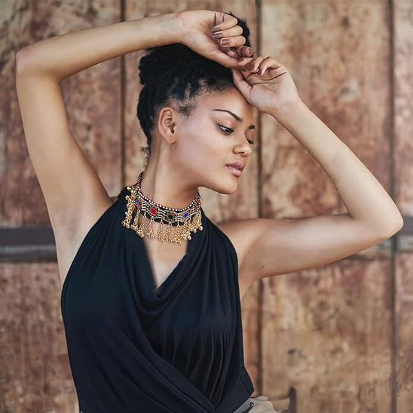 Belly dance jewelry choker with oxidized metal fringe and adjustable soft fabric tie-back.
