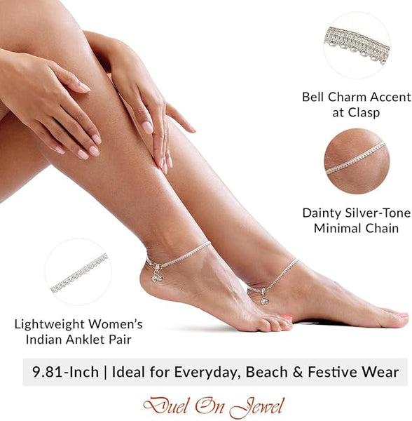 Handcrafted Indian foot jewelry with traditional bells and a subtle, high-shine silver finish.
