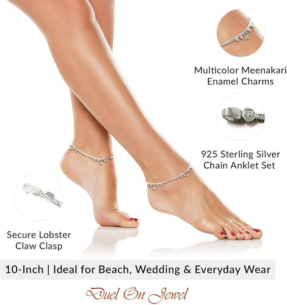 Handcrafted Indian silver payal jewelry set featuring colorful dangling charms and a minimalist chain.