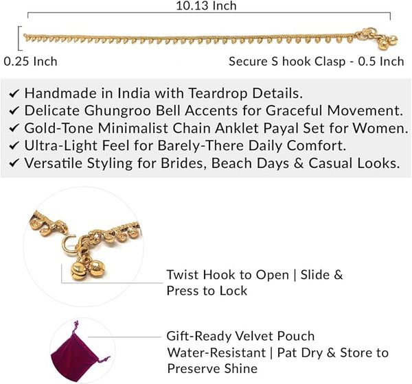 Close-up of the easy-to-use S-hook fastening on a dainty gold-tone minimalist anklet for women.
