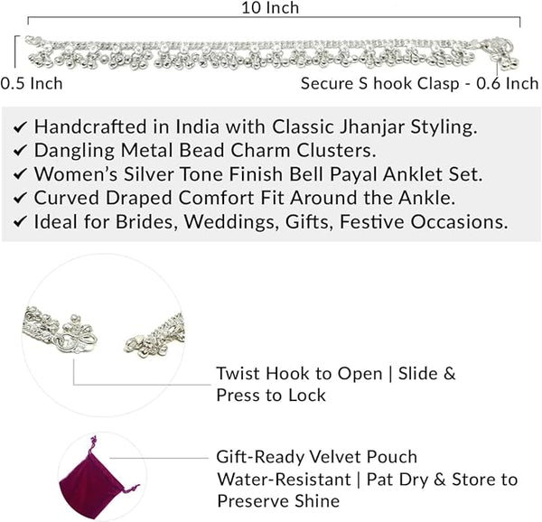 Versatile silver-finish ankle bracelets with subtle jingles for beach outings or daily ethnic style.

