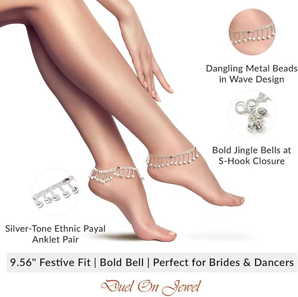 Close-up of the easy-to-use S-hook fastening on an 0.88-inch wide silver-tone wave anklet for women.
