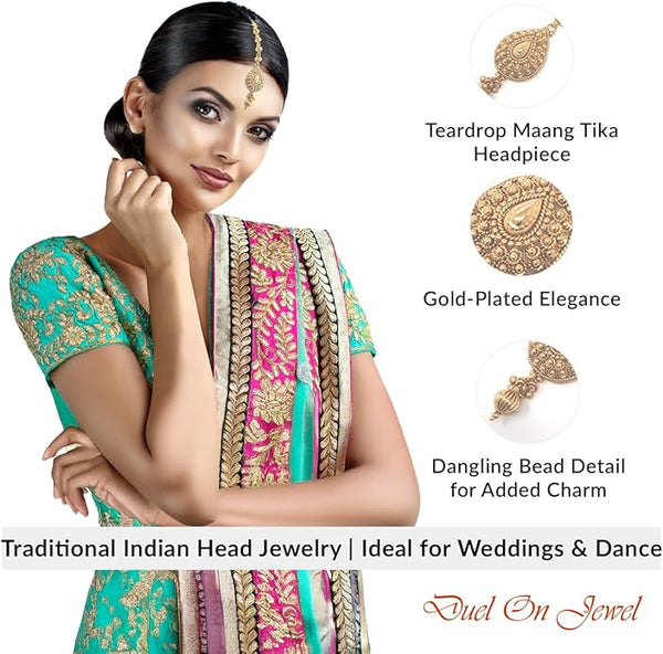 Detailed view of the 5.44-inch gold-plated maang tikka showing the 1.94-inch teardrop pendant and chain.
