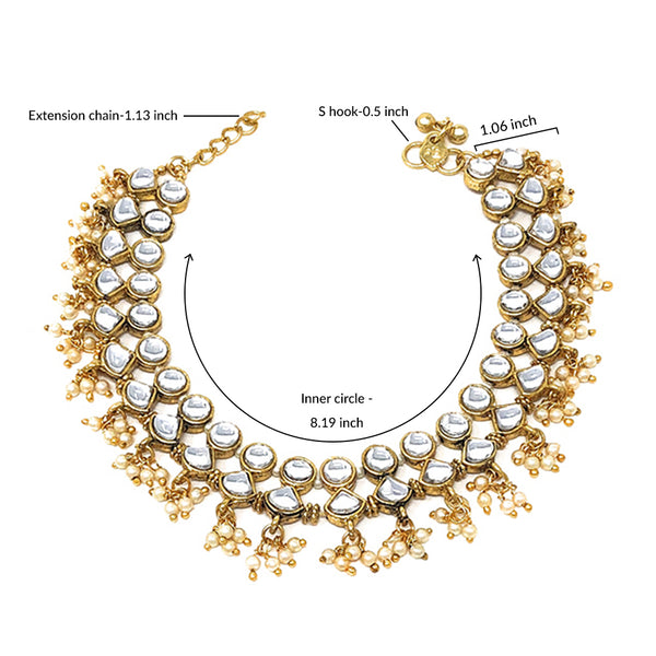 Gold Plated Indian Traditional Bridal White Kundan Crystal Rhinestone Bell Anklet Pair For Women - Dance Party Wedding  - Duel On Jewel