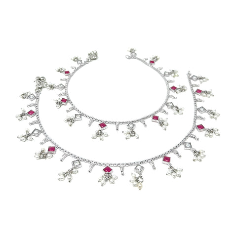 Womens Indian Silver Chain Anklet Paayal Set with Small Charm Clusters of White Pearls and Red Stones For Gifts Beach Everyday Wear by Duel On Jewel