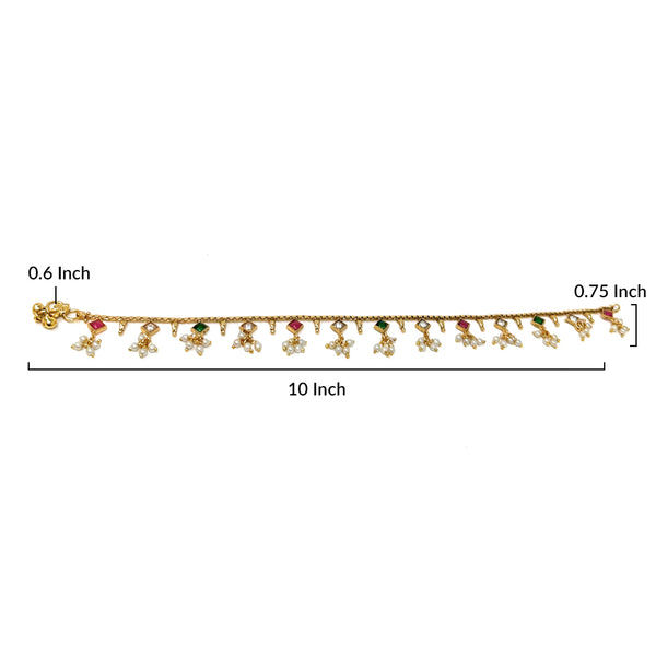 Indian Gold Plated Womens Bells Anklet Chain Payal Set in Dangle Charm Clusters of White Pearls and Red Green Stones For Beach Party Everyday Wear Gifts by Duel On Jewel