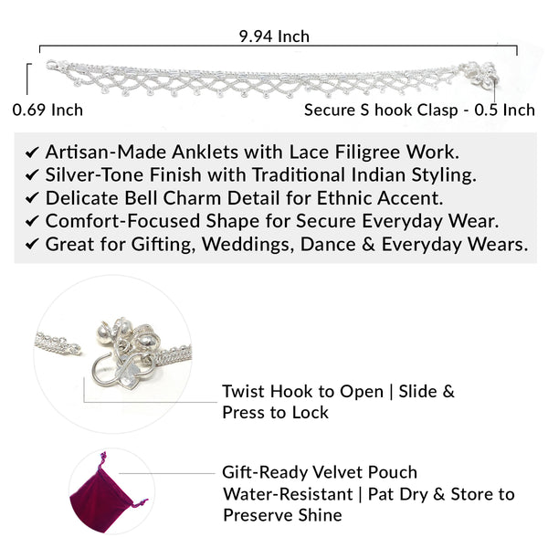 Close-up of the secure S-hook fastening on a 0.69-inch wide silver-tone lace anklet for women.
