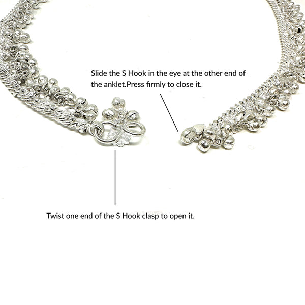 Indian Silver Womens Payal Bells Anklet Pair Jhanjar with Small Metal Bead Dangle Charm Clusters - Party Dance Bridal Wedding Beach Gifts - Duel On Jewel