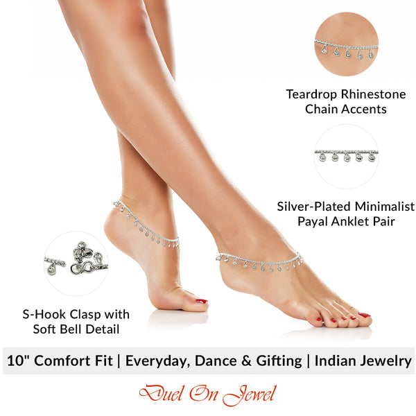Close-up of the easy-to-use S-hook fastening on a silver teardrop rhinestone anklet for women.
