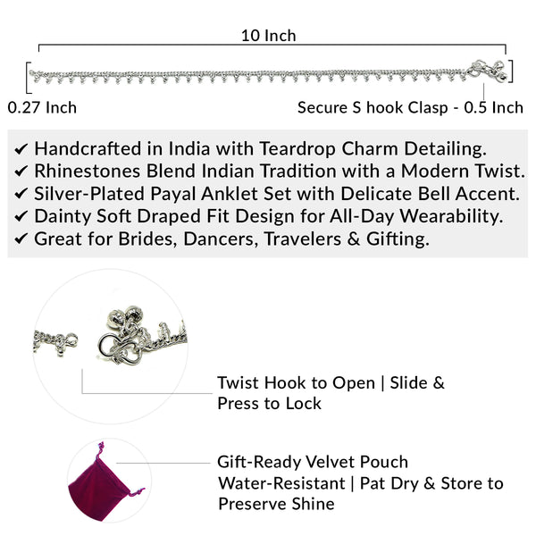 Versatile silver-tone chain anklets with a subtle jingle; suitable for both ethnic and modern western outfits.