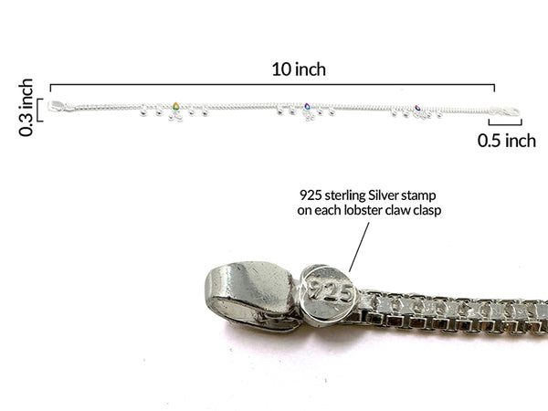 Handmade Indian Pure Sterling Silver 25.51 gm Chain Anklet Payal Gift Set with Multicolor Enamel For Women - Bridal Party Dance Wedding - Duel On Jewel