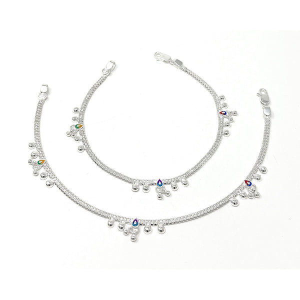 Handmade Indian Pure Sterling Silver 25.51 gm Chain Anklet Payal Gift Set with Multicolor Enamel For Women - Bridal Party Dance Wedding - Duel On Jewel