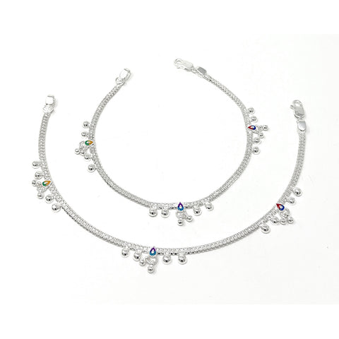 Handmade Indian Pure Sterling Silver 25.51 gm Chain Anklet Payal Gift Set with Multicolor Enamel For Women - Bridal Party Dance Wedding - Duel On Jewel