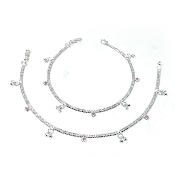 Pink CZ leaf charm anklet pair in 925 sterling silver, dainty drop chain payal design for everyday wear
