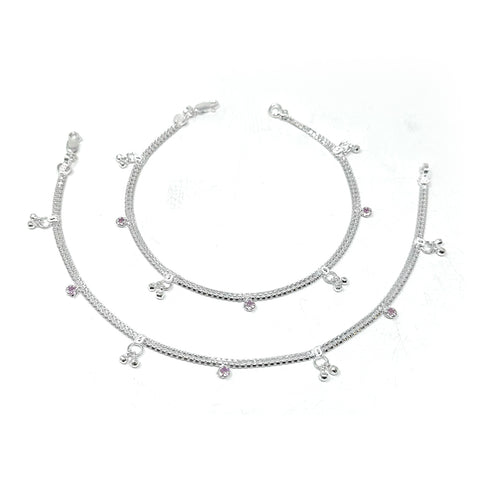 Pink CZ leaf charm anklet pair in 925 sterling silver, dainty drop chain payal design for everyday wear
