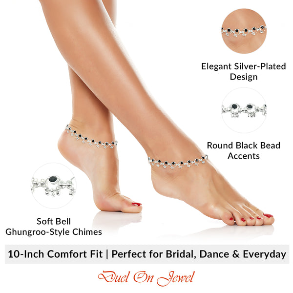 Versatile silver and black ankle bracelets with melodic jingles for dance performances or daily wear.
