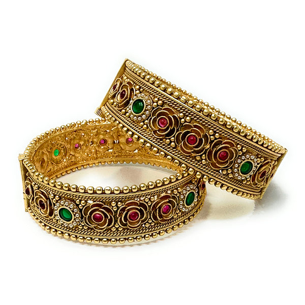 Indian Gold Plated Bangle Bracelet Set in Flower Design with Red Green Zircon Tiny Pearls - Womens Gift Bridal Wedding Shower - Duel On Jewel