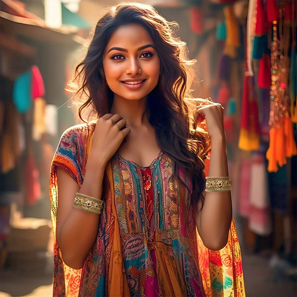 Outdoor shot of gold-plated Meenakari bangles with red Polki stones and a white pearl ring.
