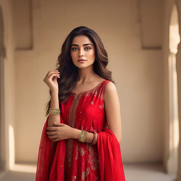 Wide gold-plated kada bangles with red stone and pearl details styled with a yellow festive outfit.
