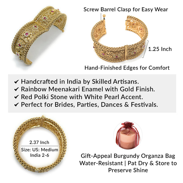 Pair of 1.25-inch wide traditional Indian kangan with rainbow enamel and red Polki centerpieces.
