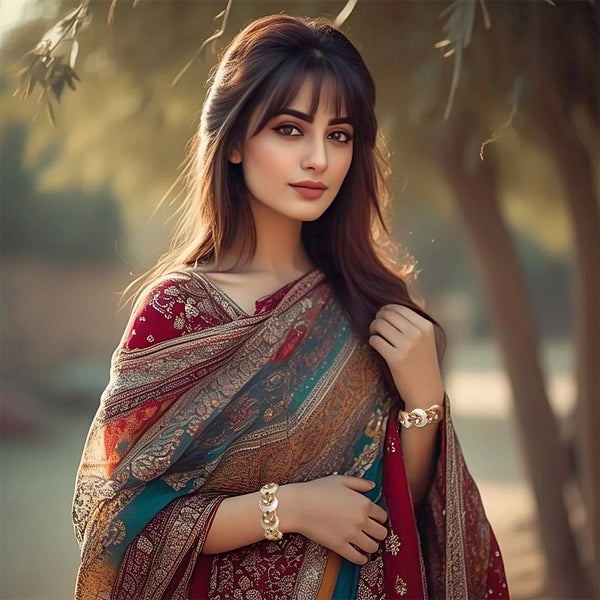 Model wearing gold-tone Polki crescent moon Meenakari kada bangles with a bridal saree.
