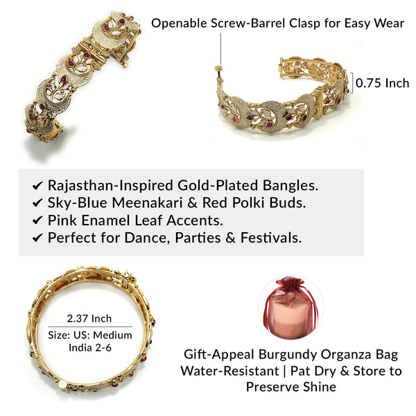 Traditional gold-tone Polki Meenakari kada bangles styled for a wedding lehenga choli look.
