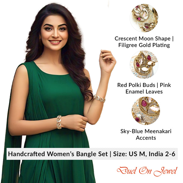 Handcrafted crescent-shaped bangles with red Polki buds and sky-blue enamel filigree detail.
