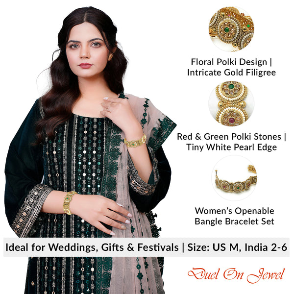 Close-up of 0.90-inch wide openable kadas featuring alternating red and green Polki floral motifs.
