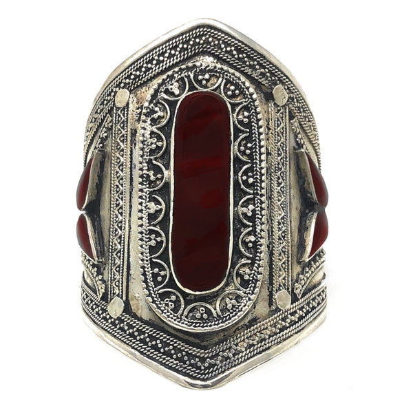 Handmade Afghan tribal cuff bracelet with bold red stone and oxidized silver finish – boho chic festival jewelry
