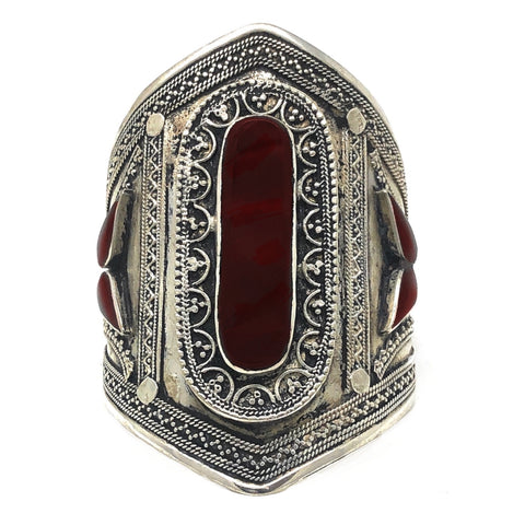 Handmade Afghan tribal cuff bracelet with bold red stone and oxidized silver finish – boho chic festival jewelry
