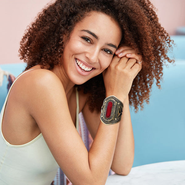 Adjustable wide cuff bracelet with red stone centerpiece – women’s heritage jewelry