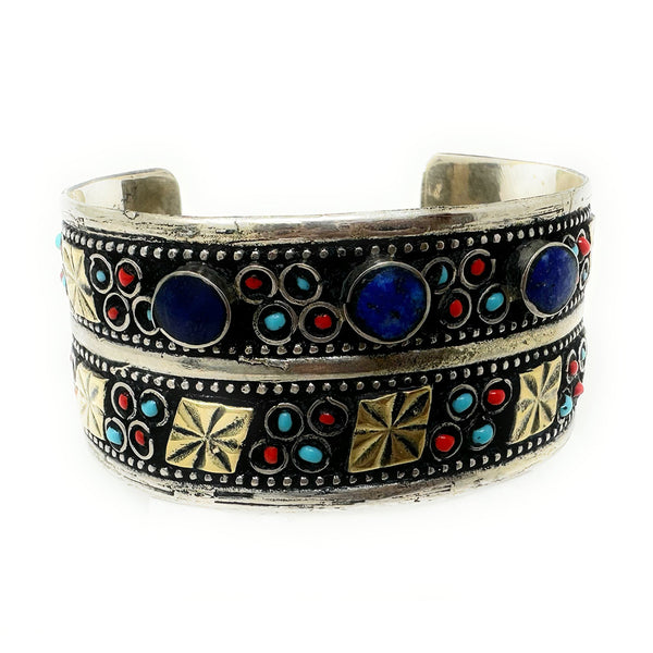 Handmade Afghan tribal cuff bracelet with blue stones and oxidized silver finish – boho chic style
