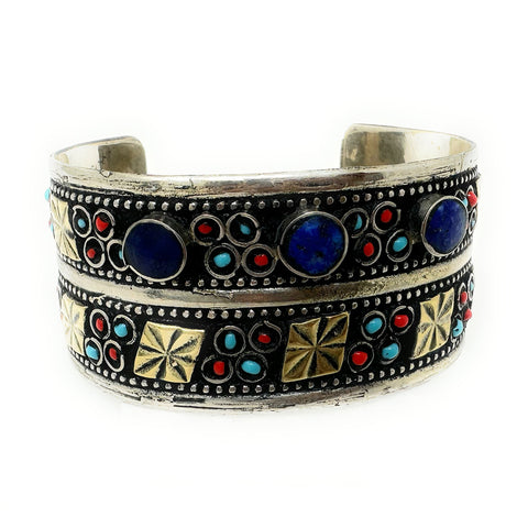 Handmade Afghan tribal cuff bracelet with blue stones and oxidized silver finish – boho chic style

